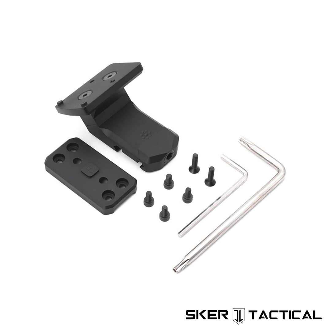 Offset Mount for RMR and T1/T2 Optics displayed with all parts and tools included