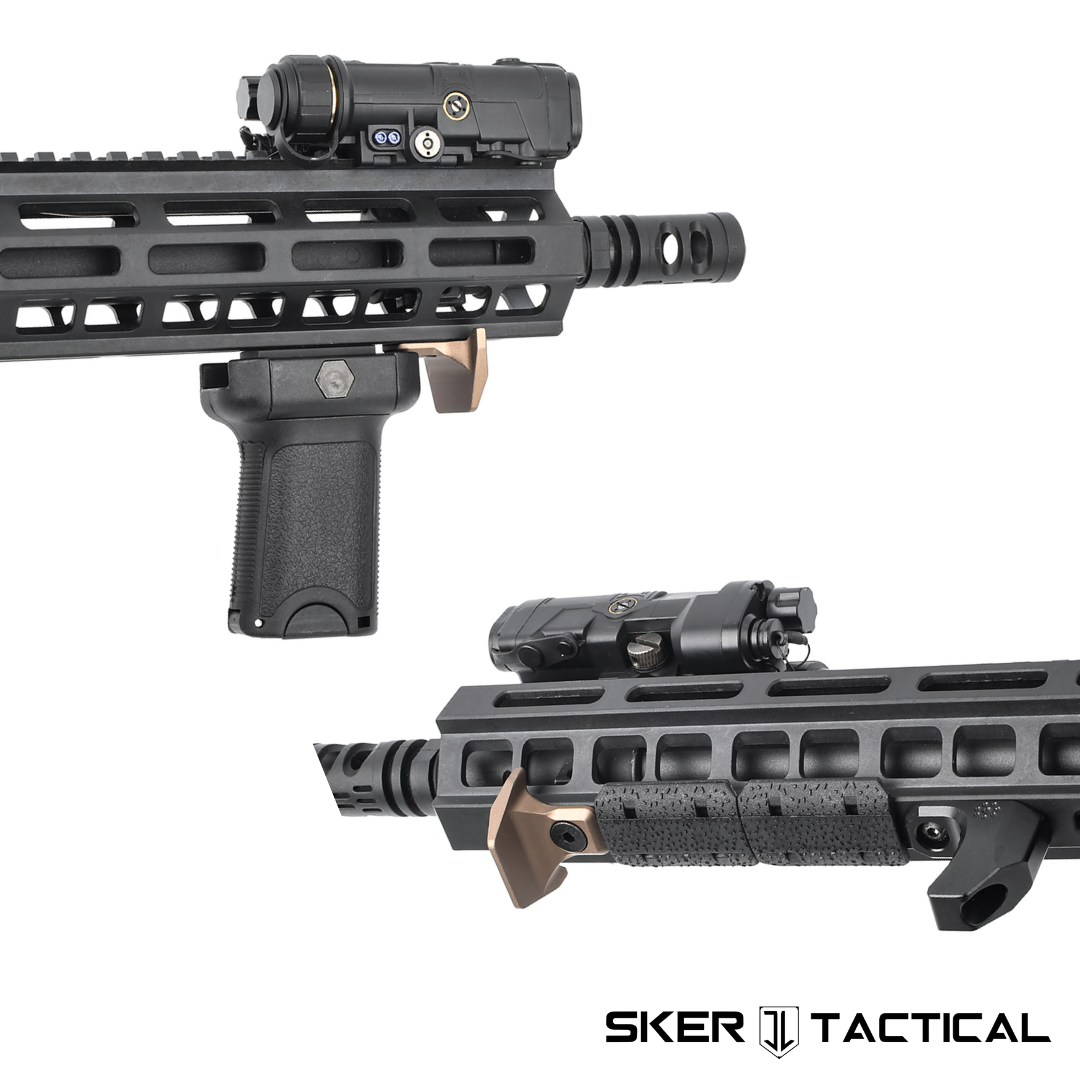 Tan MOD 3 M-LOK Barricade mounted to firearm handguard
