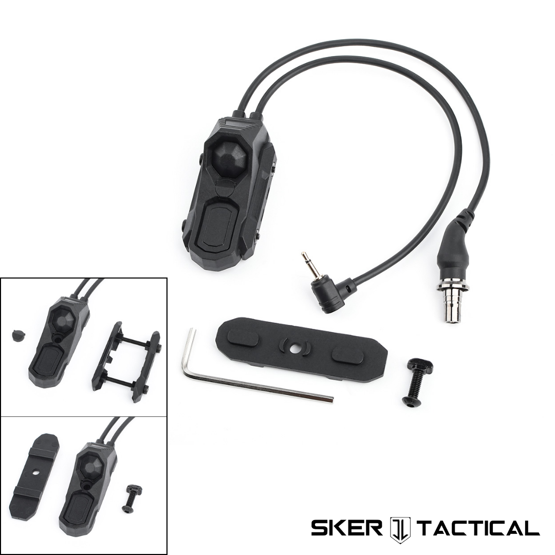 Black Picatinny M-LOK Button Pad with Flashlight and Laser Device Plug disassembled with all parts displayed