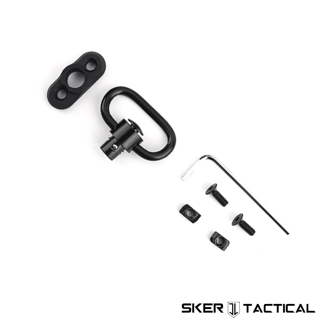 Fixed M-LOK QD Swivel Mount and displayed with all included parts and hardware