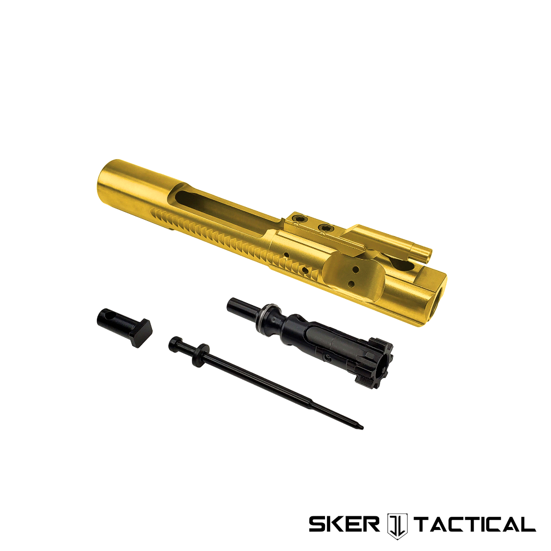 Gold Titanium Nitride Standard 5.56 AR-15 Bolt Carrier Group Disassembled with Components laid out